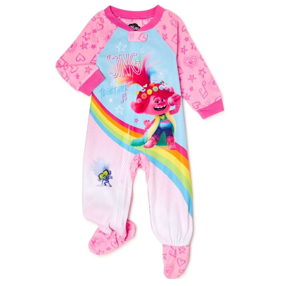 Girls Trolls Footed Sleeper Pajamas Size 5T Pink Rainbow Poppy
